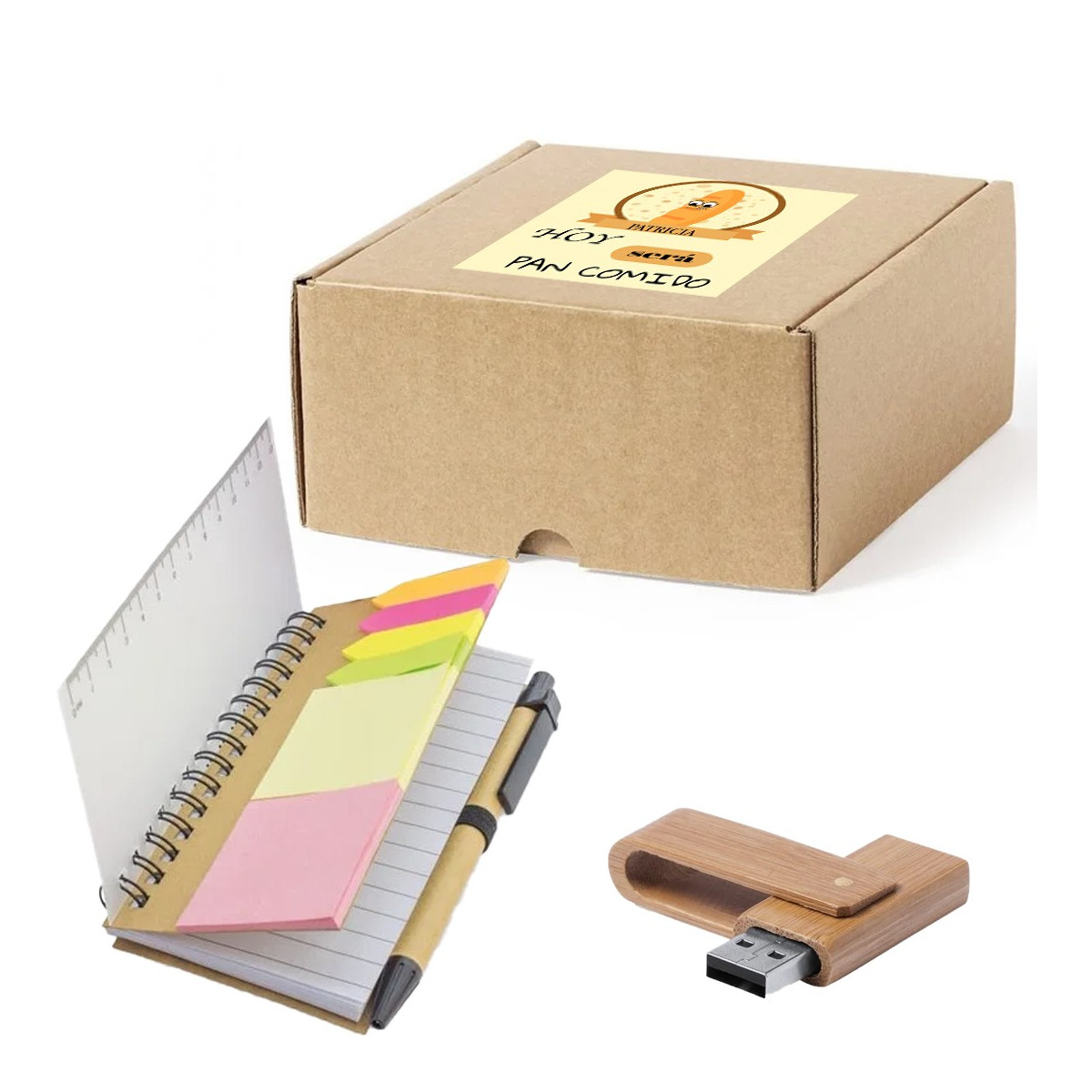 Caderno para notas e usb 16 gb apresentado em caixa de papelão personalizada com adesivo hoje vai ser moleza