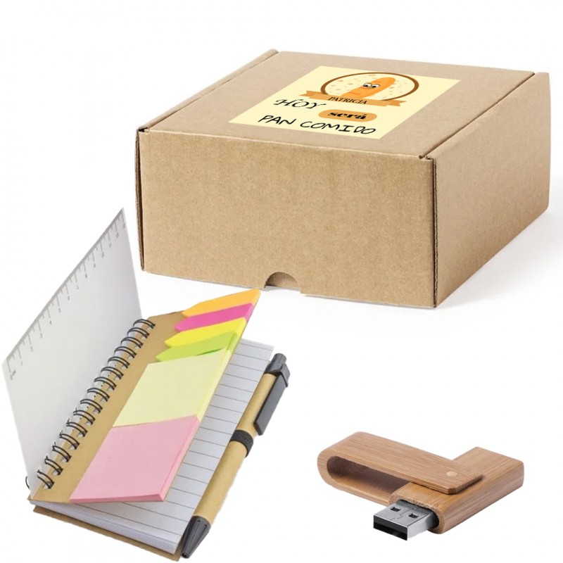 Caderno para notas e usb 16 gb apresentado em caixa de papelão personalizada com adesivo hoje vai ser moleza
