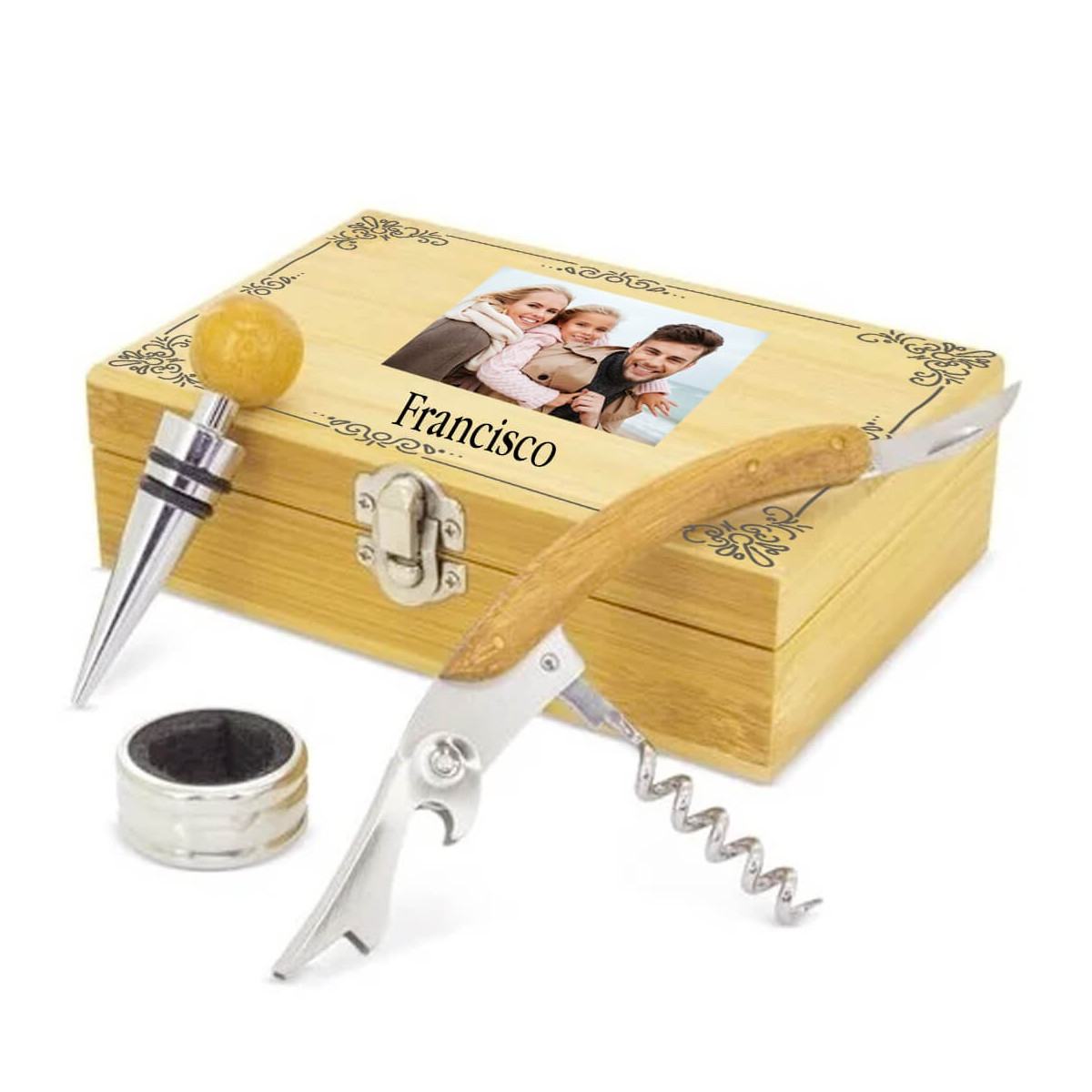 Conjunto de vinho personalizado com nome e foto em cores