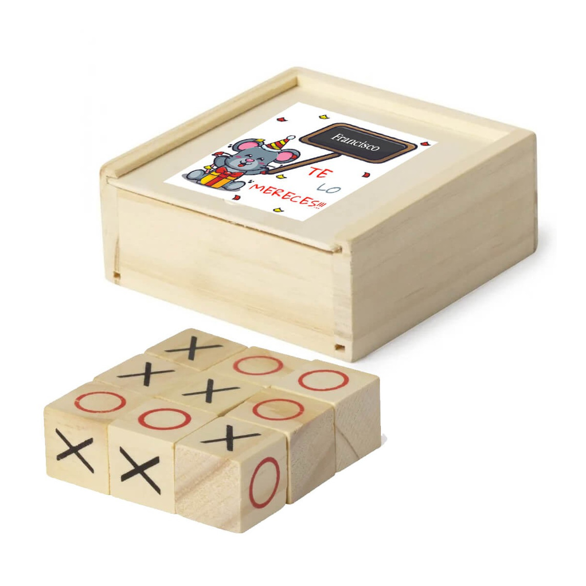 Jogo da velha em caixa de madeira personalizada com nome em adesivo, você merece