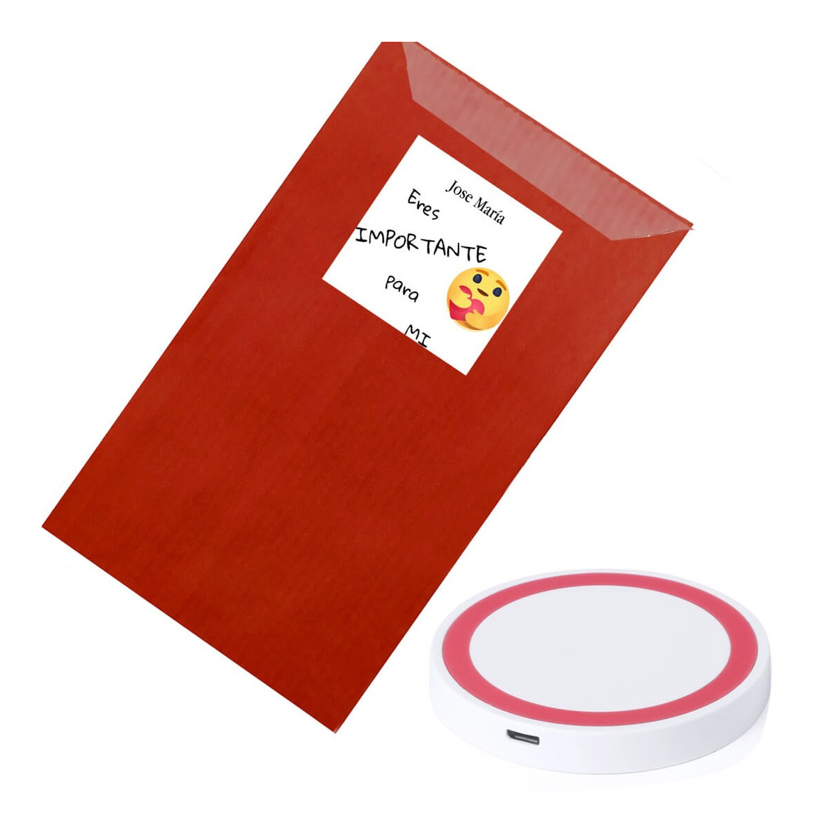 Carregador sem fio em um envelope kraft vermelho personalizado com um adesivo "Você é importante para mim".