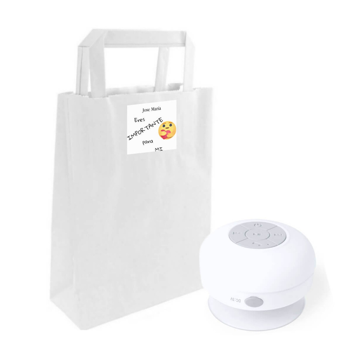 Caixa de som Bluetooth à prova d\'água em uma bolsa kraft personalizada com um adesivo. Você é importante para mim.