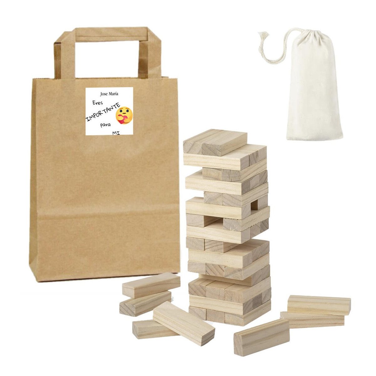 Jogo jenga apresentado em bolsa kraft personalizada com adesivo você é importante para mim