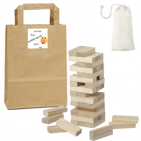 Jogo jenga apresentado em bolsa kraft personalizada com adesivo você é importante para mim