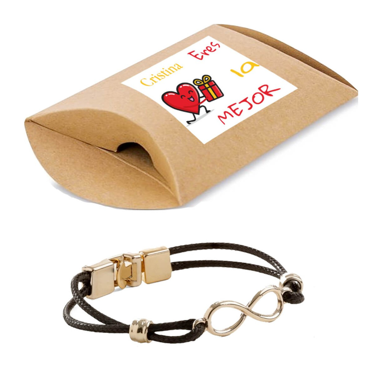 Pulseira infinity em caixa kraft personalizada com adesivo com nome você é o melhor