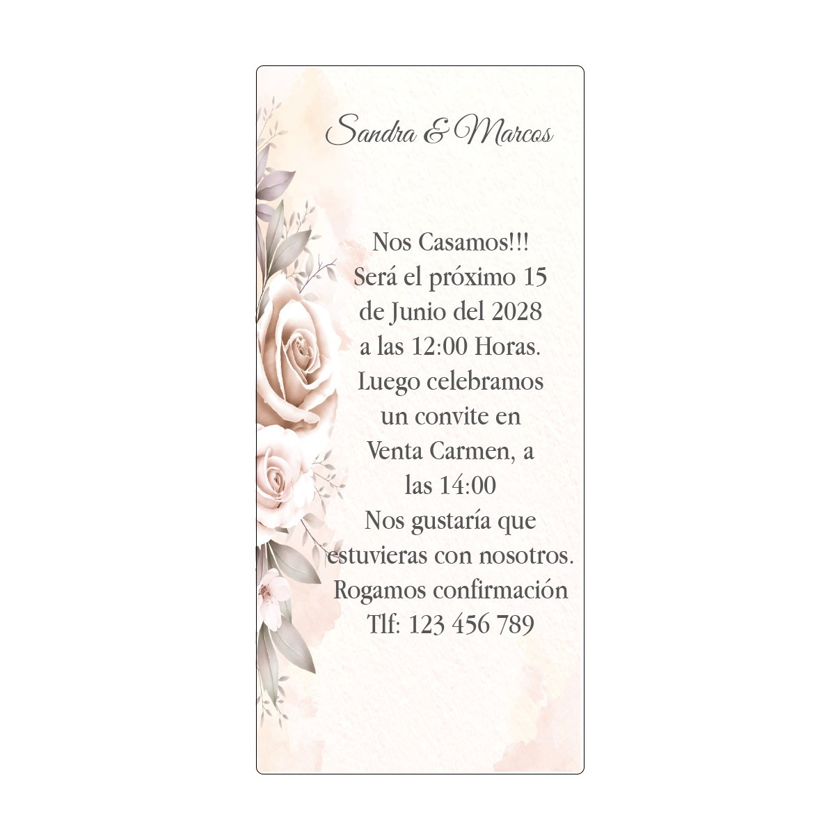Convite de casamento com flores personalizadas com texto