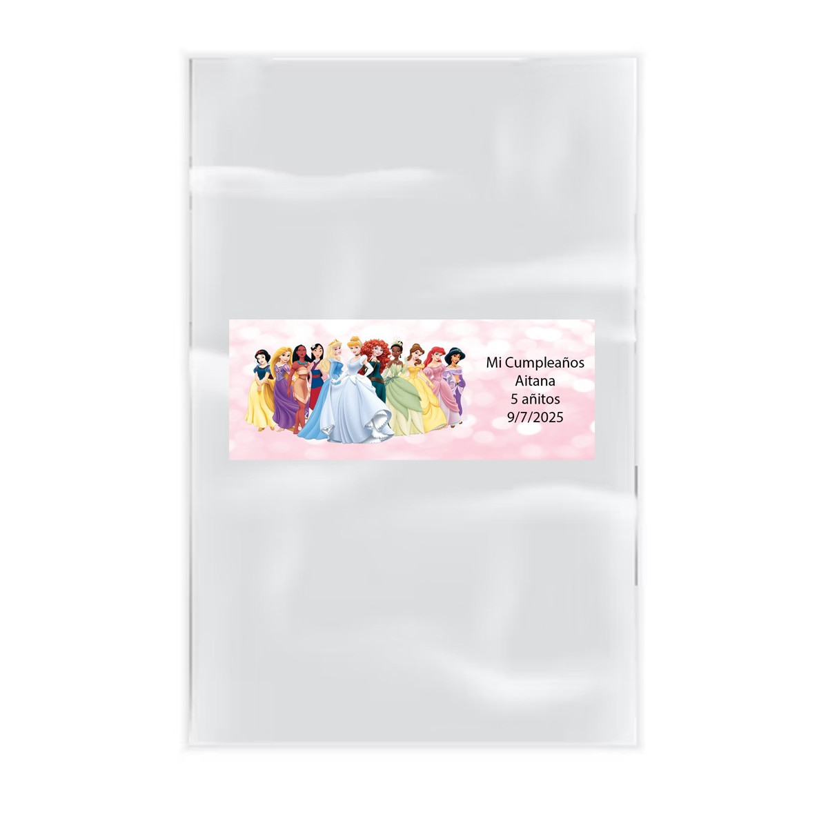 Pack 20 saquinhos transparentes com adesivo personalizado com texto e nome princesas disney