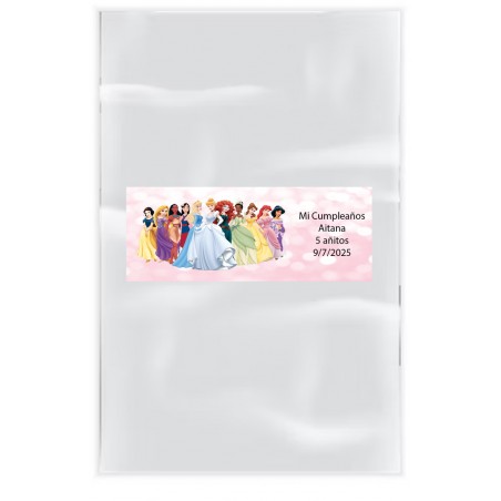 Pack 20 saquinhos transparentes com adesivo personalizado com texto e nome princesas disney