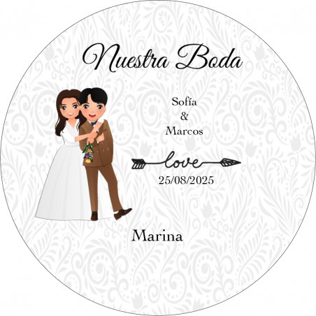 Adesivo redondo personalizado com nome dos convidados e noivos