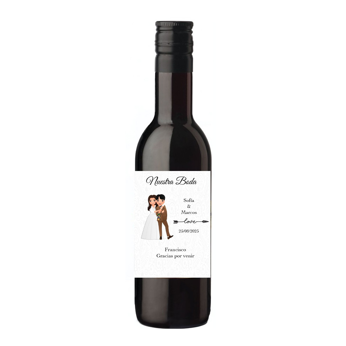Vinho com adesivo personalizado com nome de convidados e noivos para casamentos