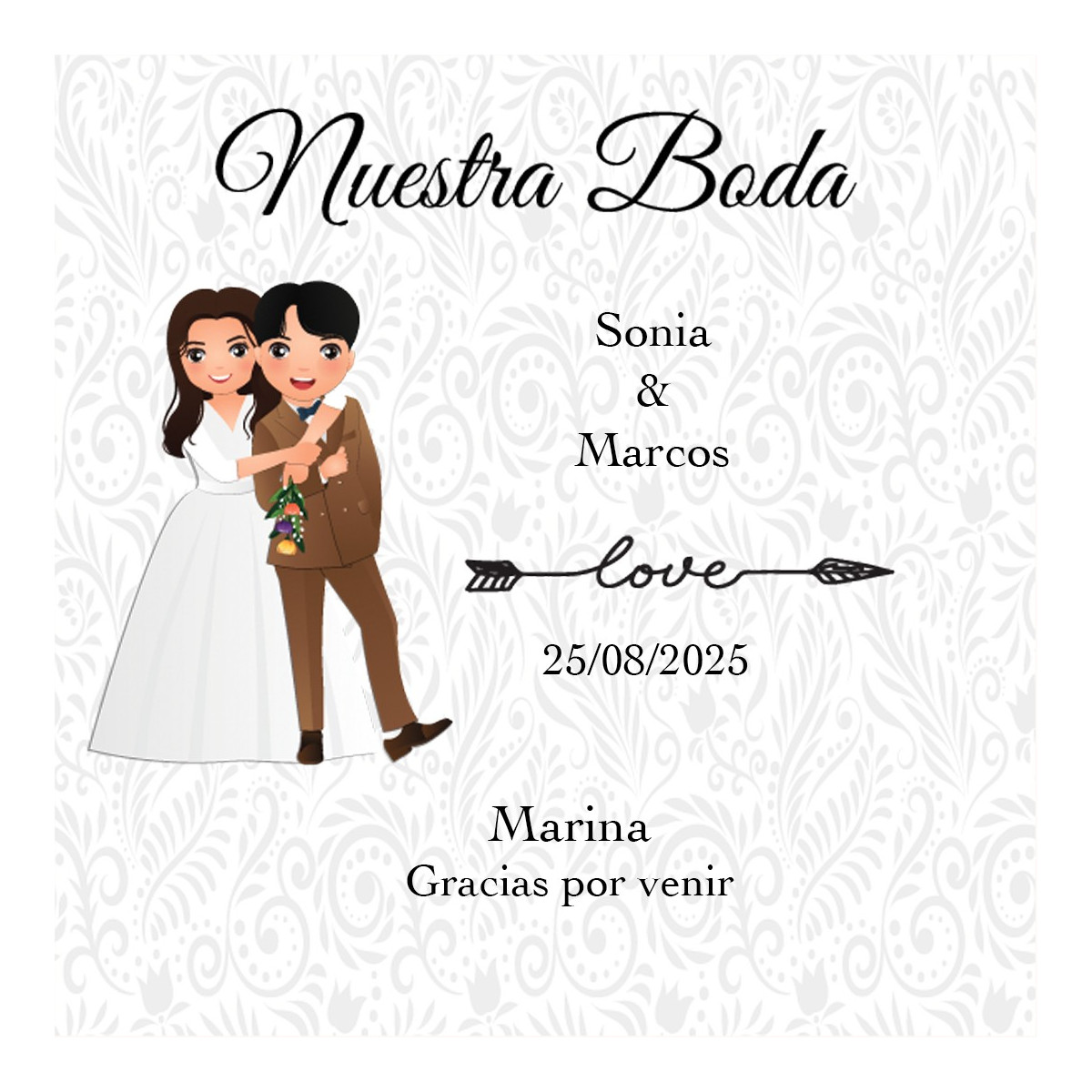 Adesivo quadrado personalizado com o nome dos convidados e dos noivos