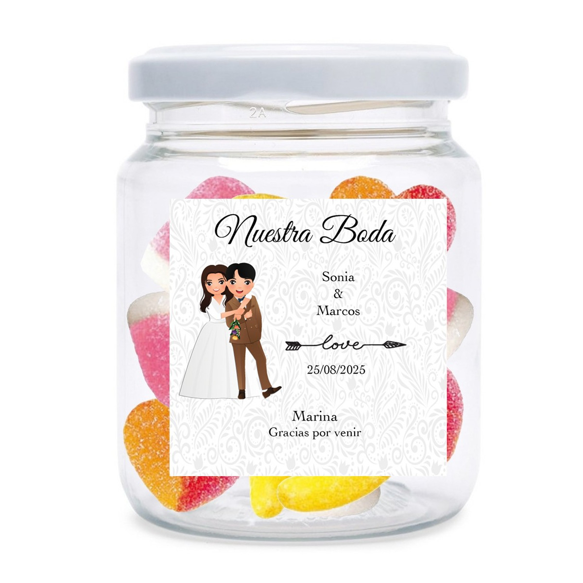 Pote de doces personalizado com nomes dos convidados e noivos para casamentos
