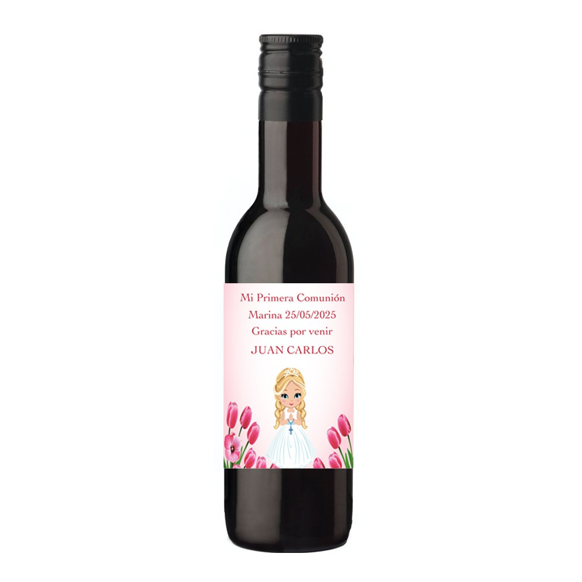Garrafa de vinho de comunhão personalizada com nome do convidado e menina da comunhão