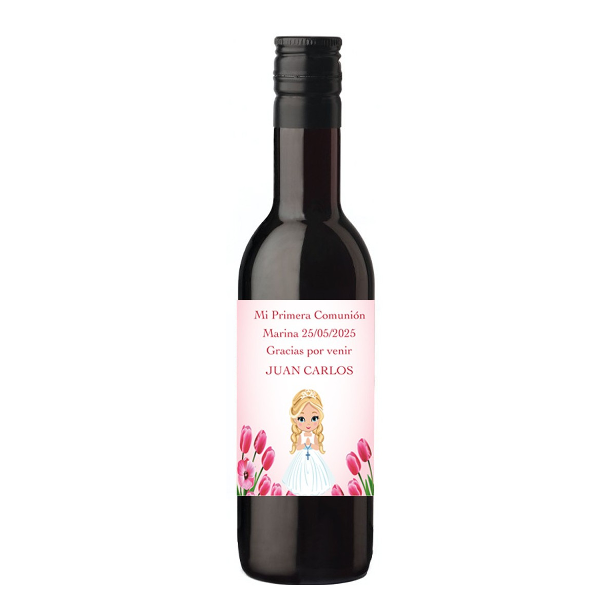Garrafa de vinho de comunhão personalizada com o nome do convidado e da menina da comunhão