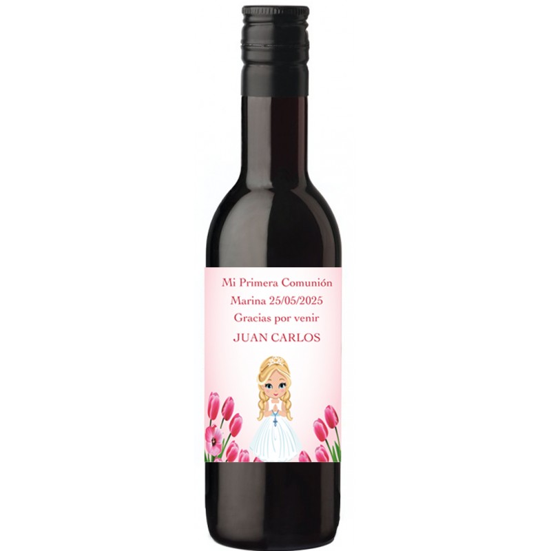 Garrafa de vinho de comunhão personalizada com o nome do convidado e da menina da comunhão