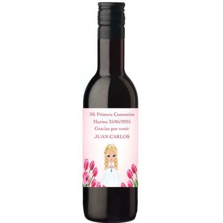 Garrafa de vinho de comunhão personalizada com nome do convidado e menina da comunhão