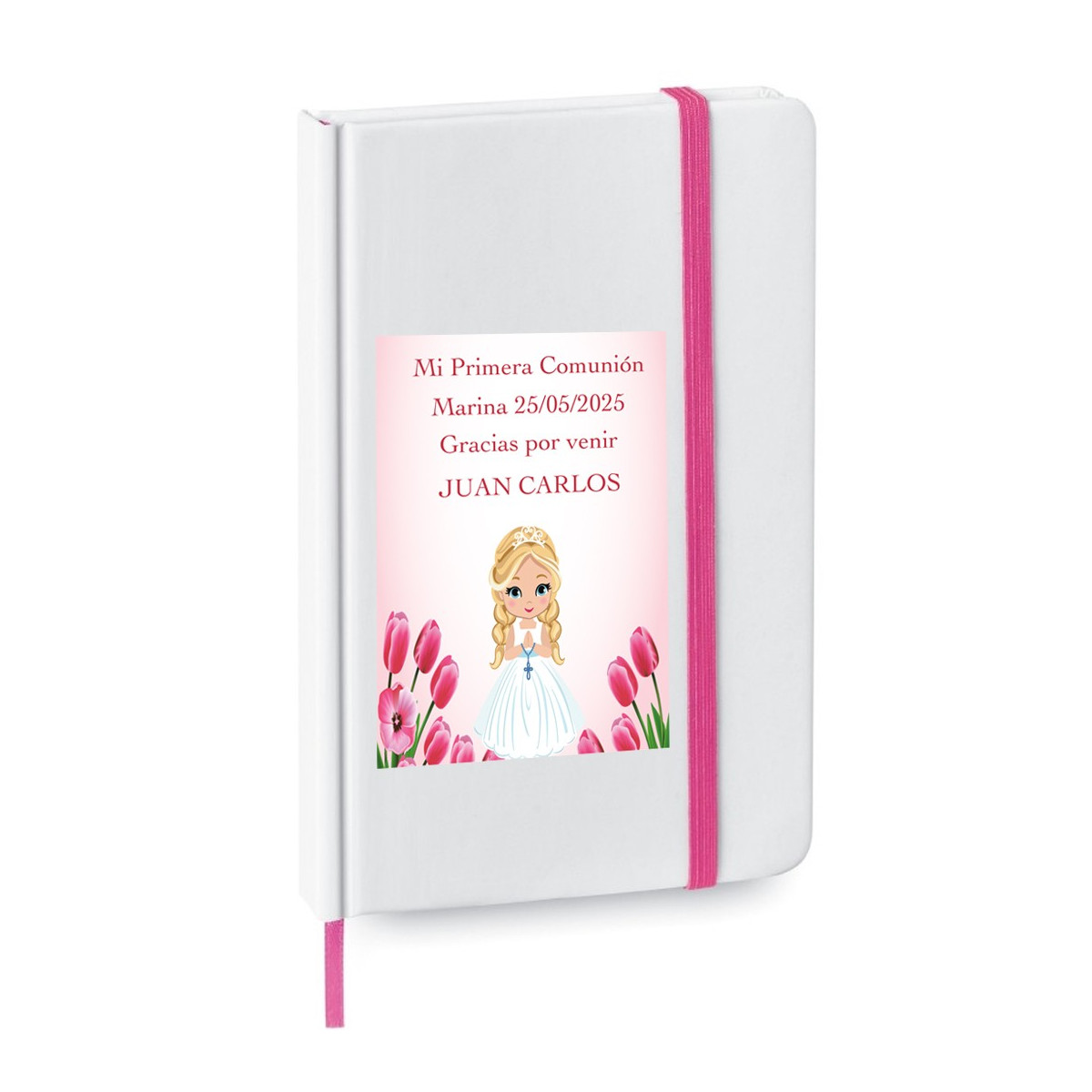 Caderno personalizado com o nome do convidado e adesivo de primeira comunhão da menina