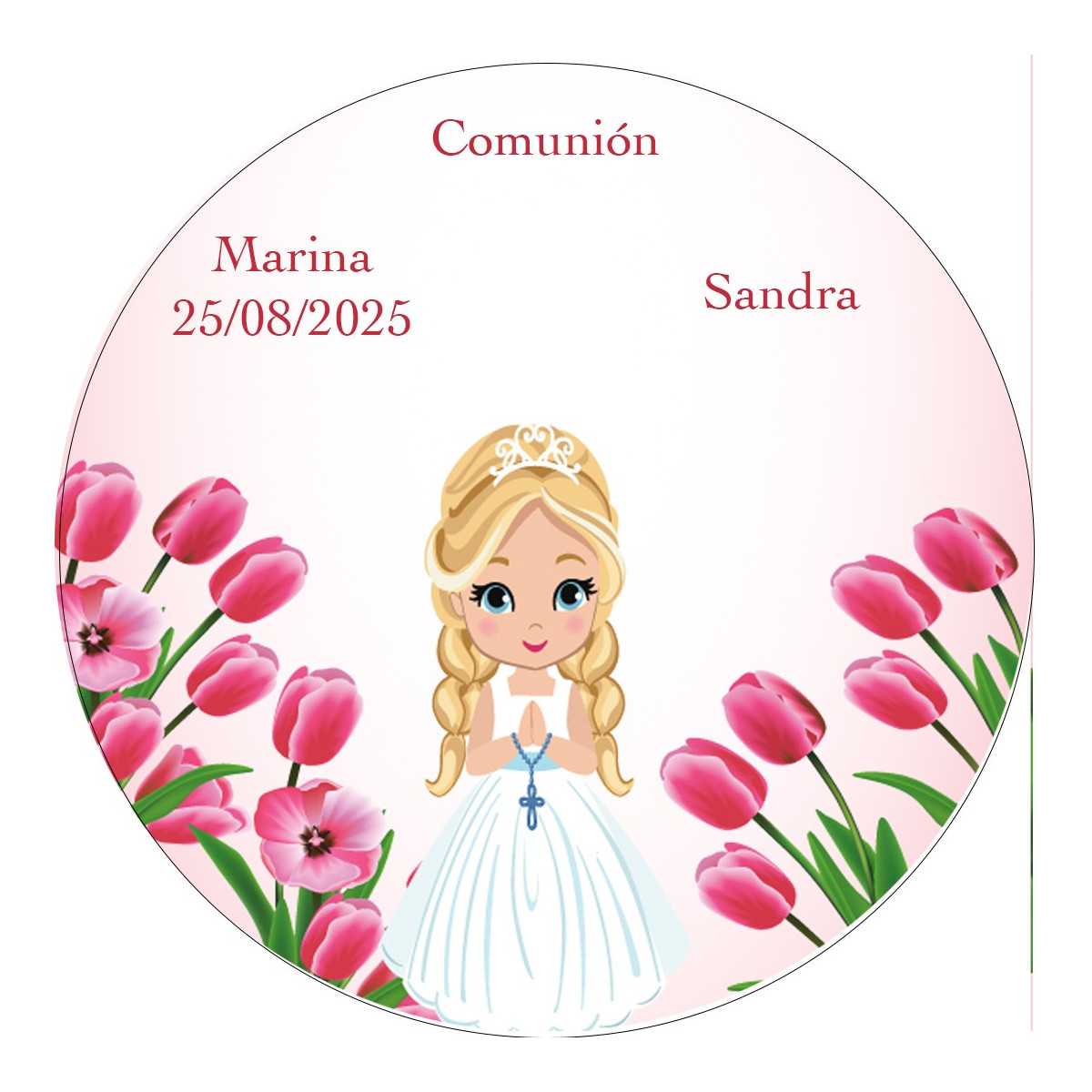 Adesivo redondo personalizado com nome do convidado e nome da menina da comunhão