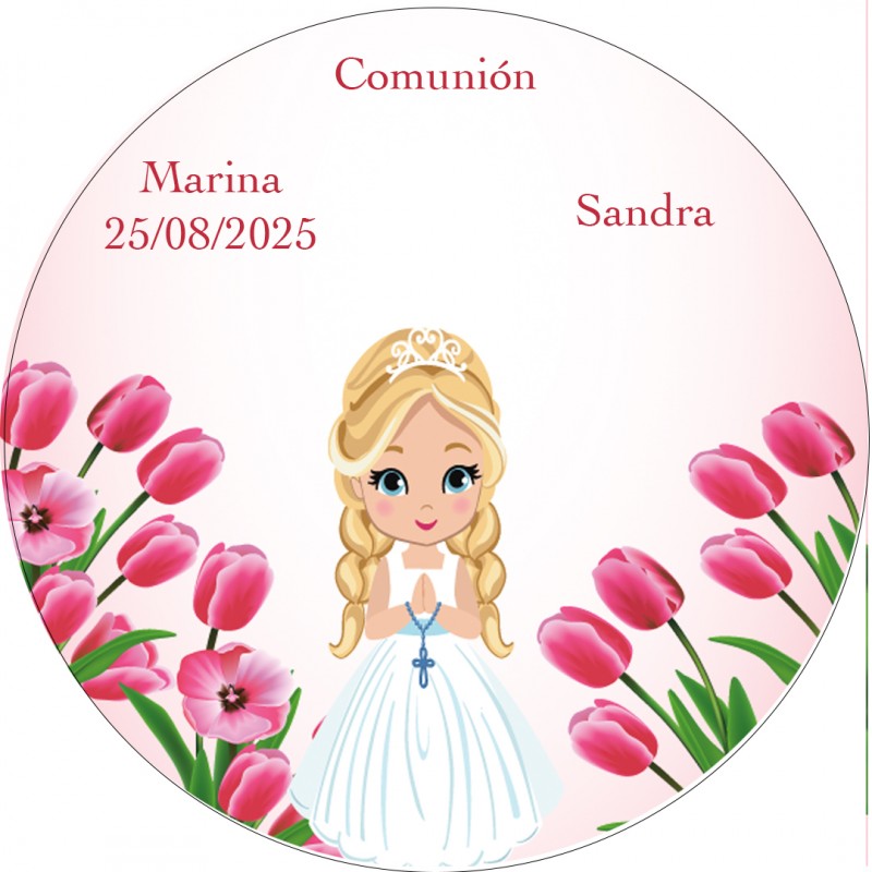Adesivo redondo personalizado com nome do convidado e nome da menina da comunhão
