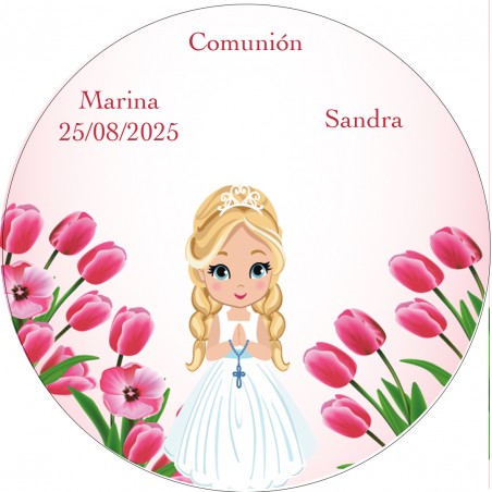 Adesivo redondo personalizado com nome do convidado e nome da menina da comunhão