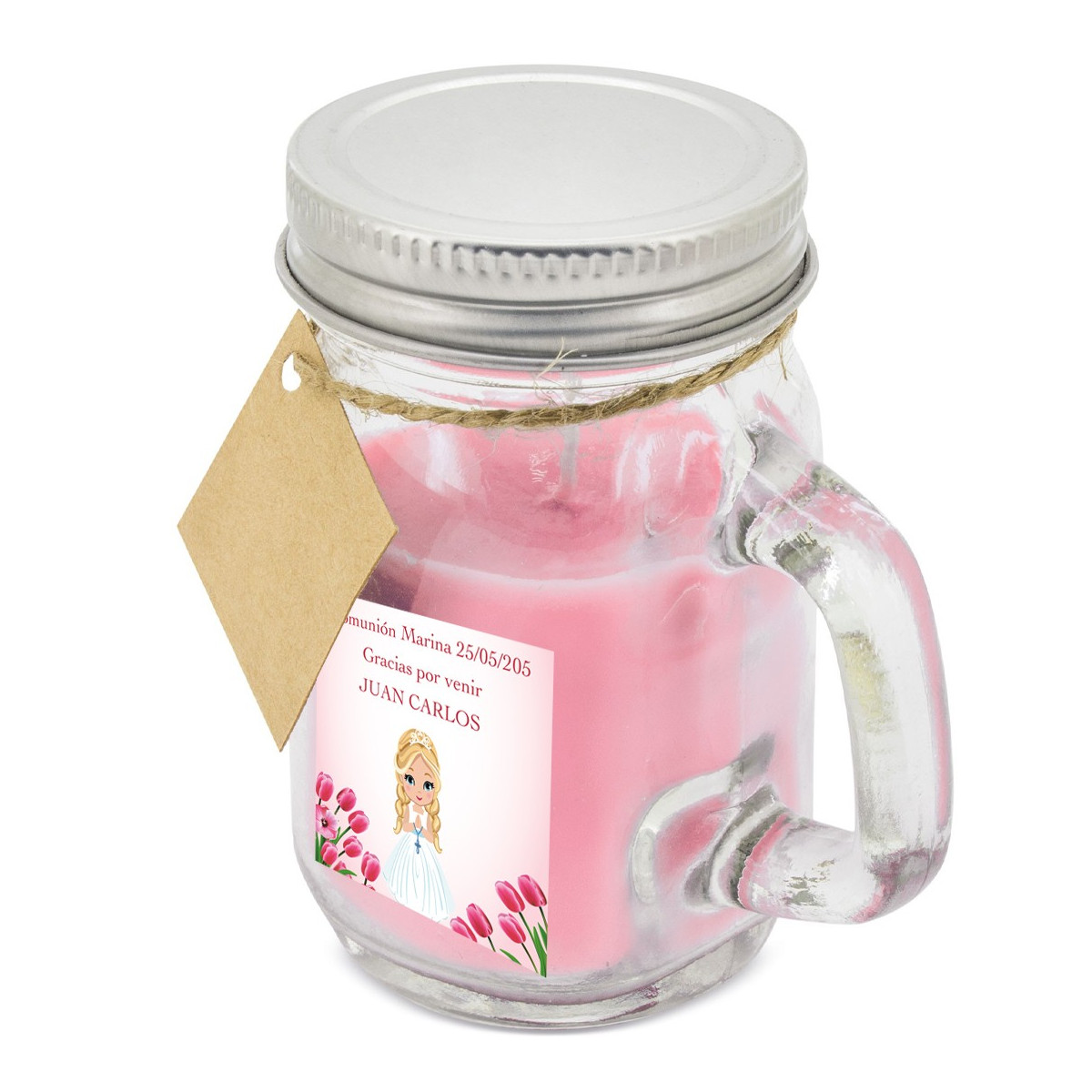 Vela aromática rosa personalizada com nome de convidado e menina de comunhão com adesivo