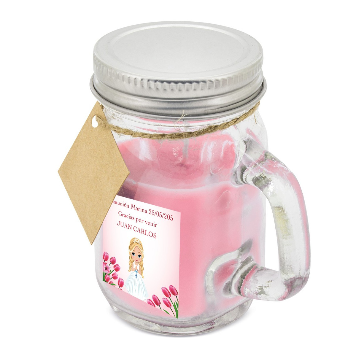 Vela perfumada rosa personalizada com nome da convidada e da comunheira com adesivo