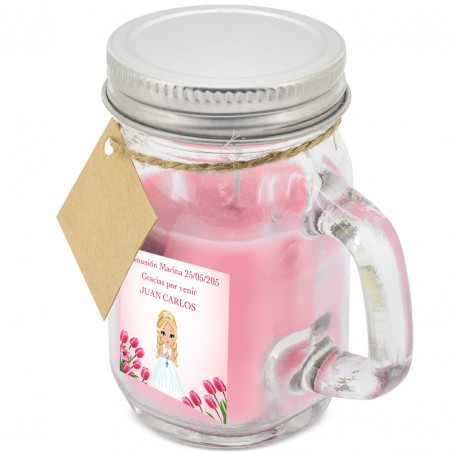 Vela aromática rosa personalizada com nome de convidado e menina de comunhão com adesivo