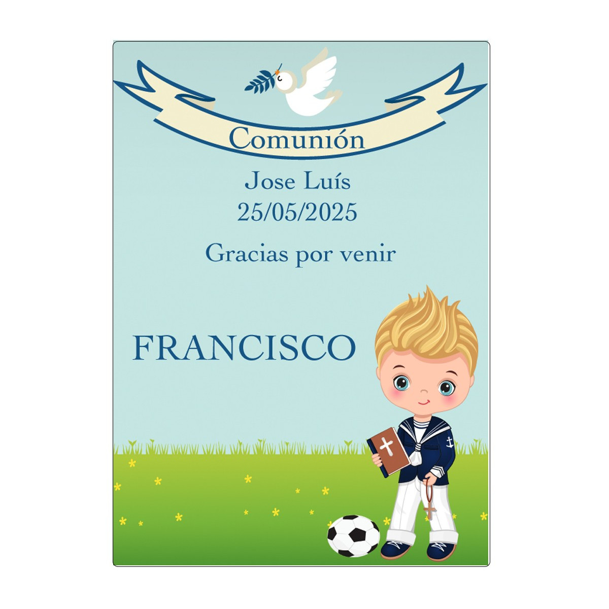 Adesivo personalizado para comunhão de menino com os nomes dos convidados