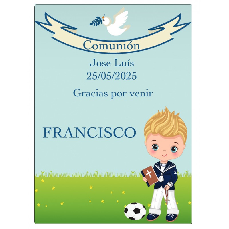 Adesivo personalizado para comunhão de menino com os nomes dos convidados