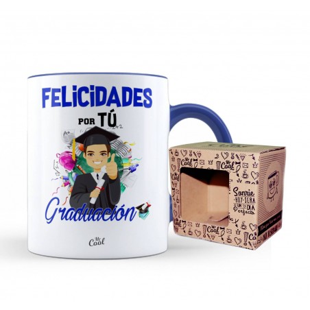 Caneca de cor azul parabéns seu homem de formatura