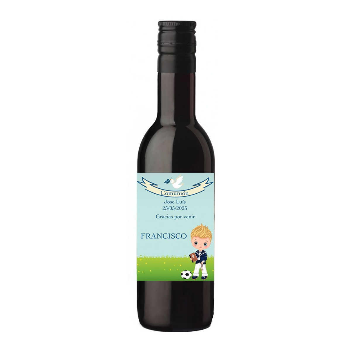 Vinho de comunhão personalizado para meninos com adesivo com o nome do convidado
