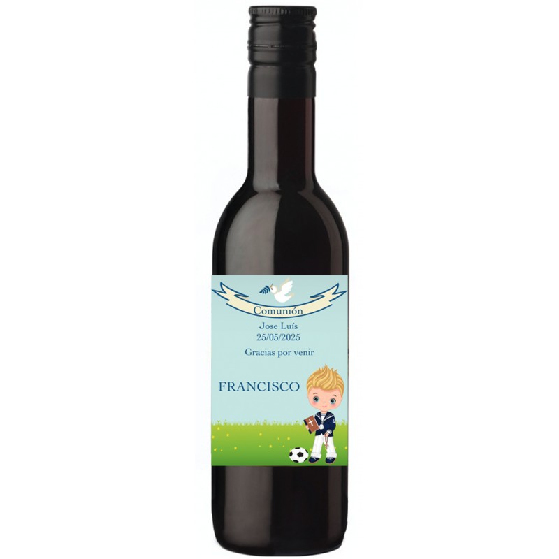 Vinho de comunhão personalizado para meninos com adesivo com o nome do convidado
