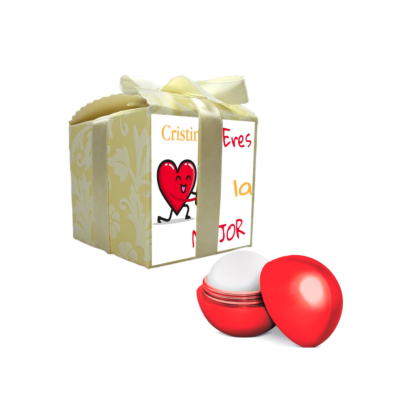 Bálsamo labial vermelho apresentado em uma caixa de presente com um adesivo de nome personalizado
