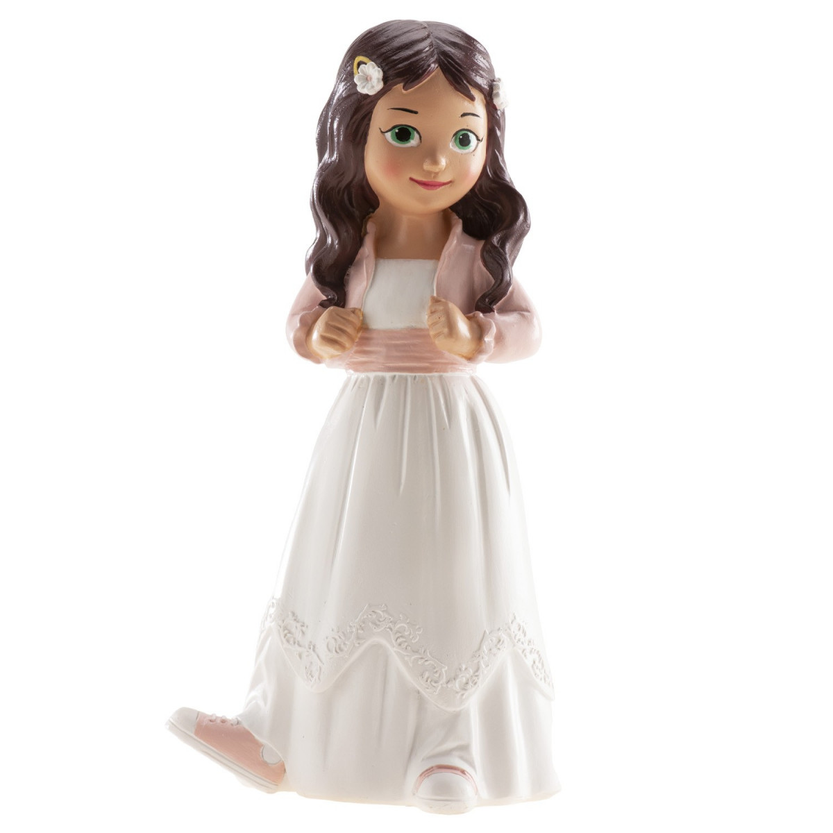 Figura de bolo menina morena com jaqueta rosa e tênis esportivos