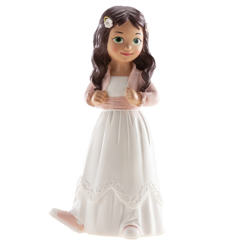Figura de bolo menina morena com jaqueta rosa e tênis esportivos
