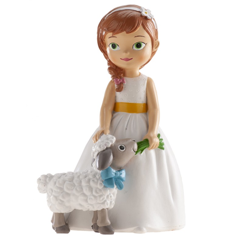 Figura de bolo comunhão de menina com ovelha