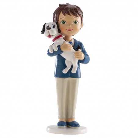 Figura de bolo comunhão de menino com cachorrinho