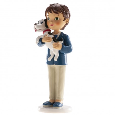 Figura de bolo comunhão de menino com cachorrinho