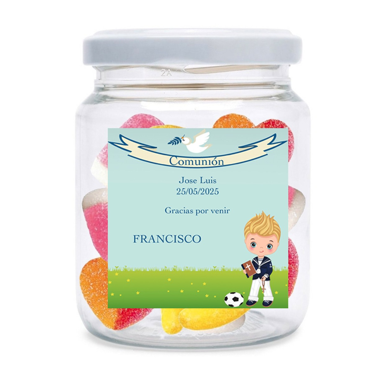 Pote de doces de comunhão com adesivo personalizado com os nomes dos convidados