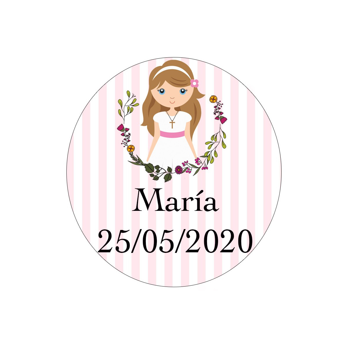 Adesivo personalizado para Comunhão Menina design com flores 3cm