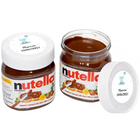 Nutella em pote de 25 gramas personalizado com adesivo de batismo menino