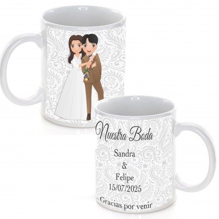 Caneca de casamento personalizada com frase, nome e data