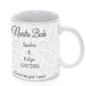 Caneca de casamento personalizada com frase, nome e data