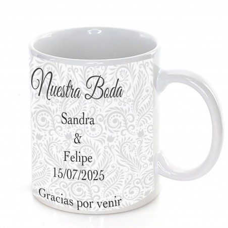 Caneca de casamento personalizada com frase, nome e data