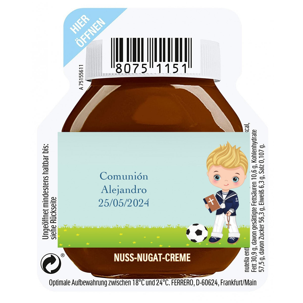 15g de Nutella para um serviço personalizado com um adesivo de menino da comunhão