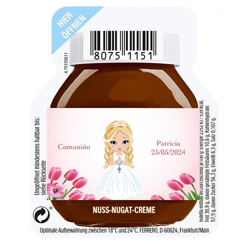 Nutella de 15 gramas para um serviço personalizado com adesivo de menina de comunhão