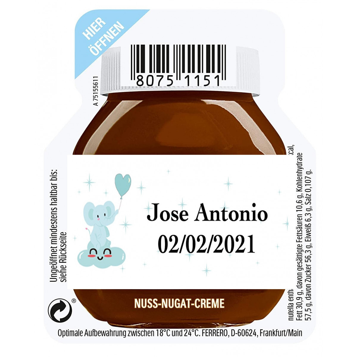 15g de Nutella para um serviço personalizado com um autocolante de baptizado de menino