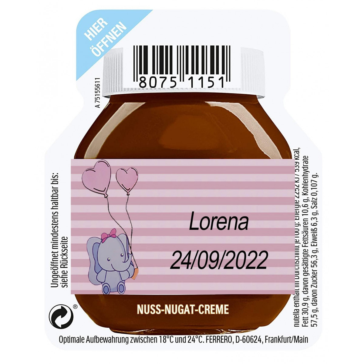 Nutella de 15 gramas para um serviço personalizado com adesivo de batizado menina