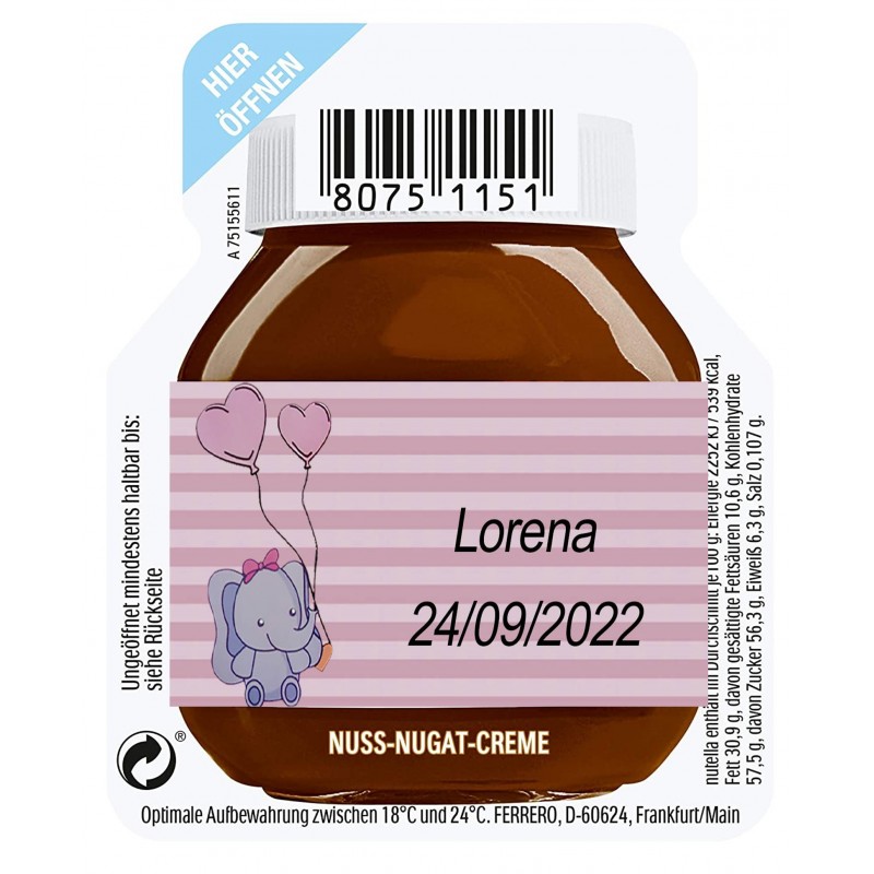 Nutella de 15 gramas para um serviço personalizado com adesivo de batizado menina