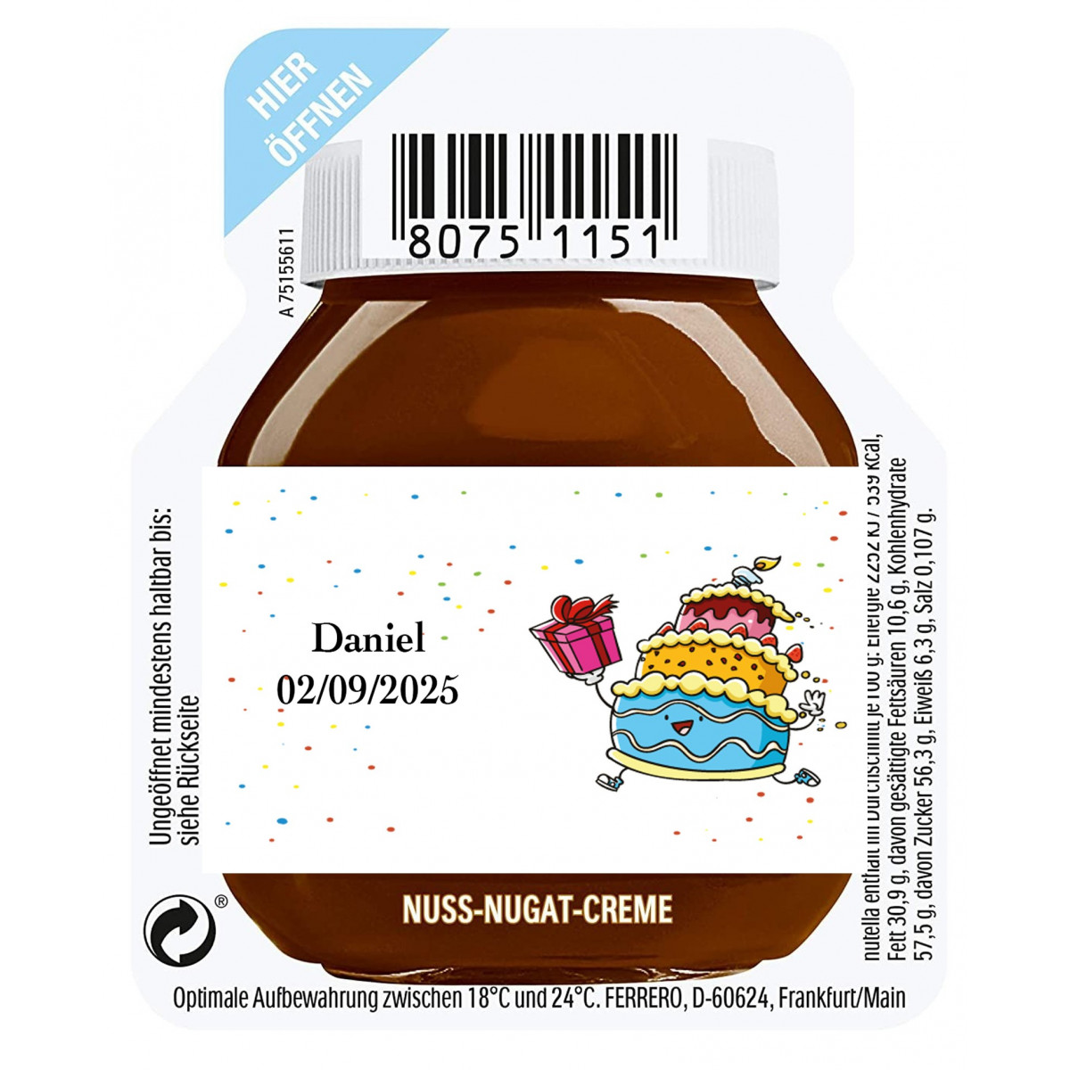 15 gramas de nutella para um atendimento personalizado com adesivo de aniversário